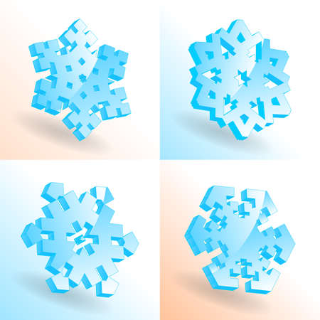 Set of 3d Vector Isometric Snowflake Icon with Various Perspective Shapes. Simple Blue Snow Flake Element for Christmas Design and New Year Decoration, Refrigerator Symbols or Logo with a Shadowのイラスト素材
