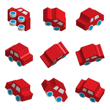 Set of 3d Isometric Toy Car Vector Icons with Various Perspective and Different Directions. Red Glossy Vehicle Symbols or Automobile Signs Collection Isolated for Traffic Regulations Illustrationのイラスト素材