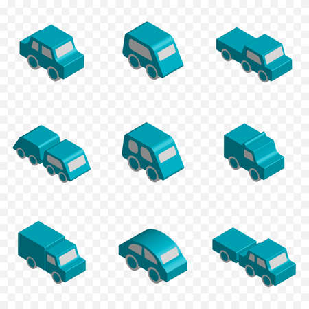Set of 3d Isometric Toy Car Vector Icons with Various Perspective and Different Directions. Blue Glossy Vehicle Symbols or Automobile Signs Collection Isolated for Traffic Regulations Illustrationのイラスト素材
