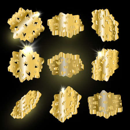 Set of gold isometric snowflake icons on dark background. Golden snow flake elements for Christmas winter design and New Year decorationのイラスト素材