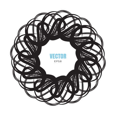 Black Ink Brush Round Ornament or Frame Isolated on White. Circle Vector Mandala in Shape of a Flowerのイラスト素材