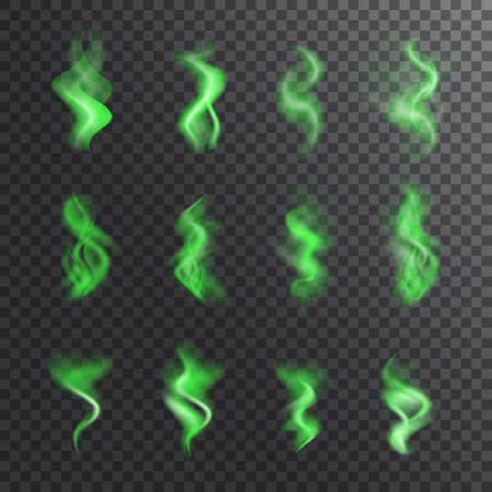 Bad smell, stench, whiff or steaming vapor collection. Realistic vector set of green steam waves, odor symbols, shitty toxic mist for illustrations with smoky effectのイラスト素材