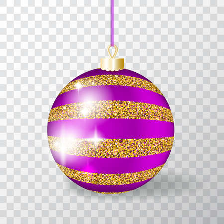 Realistic 3d Vector Christmas Ball on Transparent Background with Golden Ornament. Violet and Gold Xmas Bauble for New Year Decorationsのイラスト素材