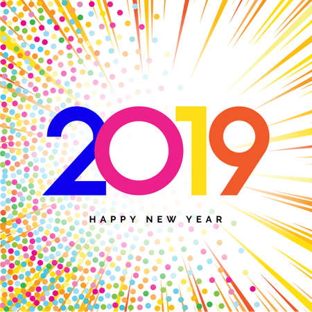 2019 Happy New Year Vector Numbers for Calendar Design with Speed Lines and Colorful Confetti. Winter Holidays Greeting Cardのイラスト素材