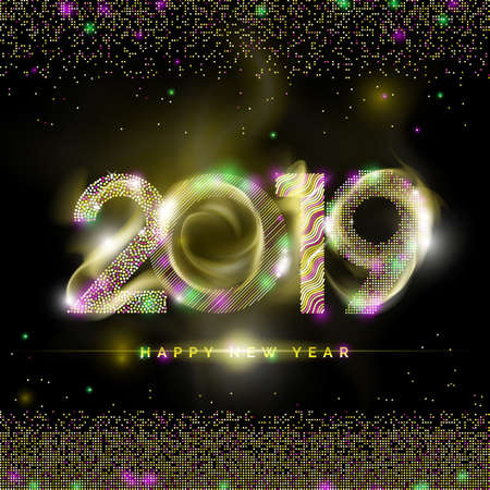 Black and Gold 2019 Happy New Year Creative Vector Greeting Card. Night Winter Glowing Holidays Shining Background for Seasonal Flyers and Bannersのイラスト素材