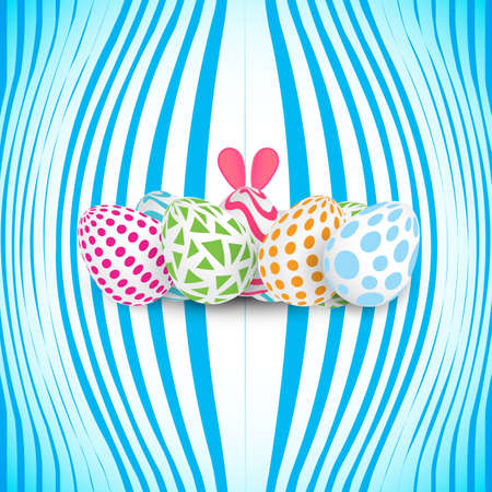 Happy Easter 3d Vector Realistic Design with Egg and Rabbit Ears. Blue Striped Greeting Card Design or Invitation Templateのイラスト素材
