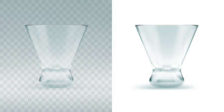 Empty transparent triangular glass for cosmopolitan cocktail, vermouth or drinking shots at the bar. Realistic 3d vector illustration of blank glassy stemwareのイラスト素材