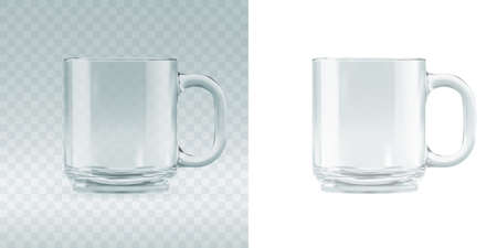 Empty transparent glass mug mockup. Realistic 3d vector illustration of blank glassy tankard or classic coffee cupのイラスト素材