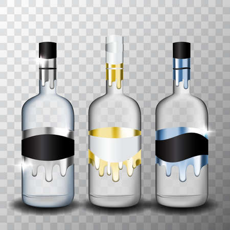Realistic Classic Glass Bottle for Alcoholic Drink Bottles on White Background. Transparent Vodka Bottle Vector Template or Mockupのイラスト素材