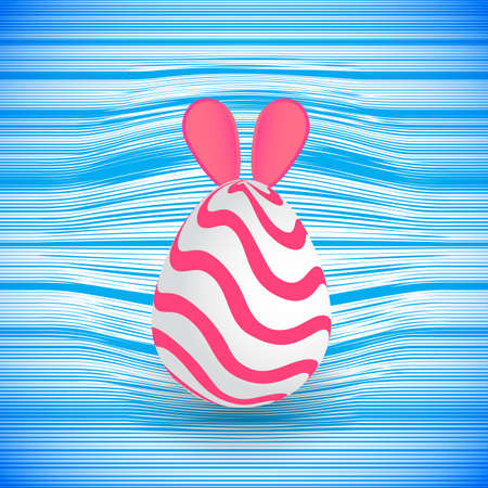Happy Easter 3d Vector Realistic Design with Egg and Rabbit Ears. Blue Striped Greeting Card Design or Invitation Templateのイラスト素材