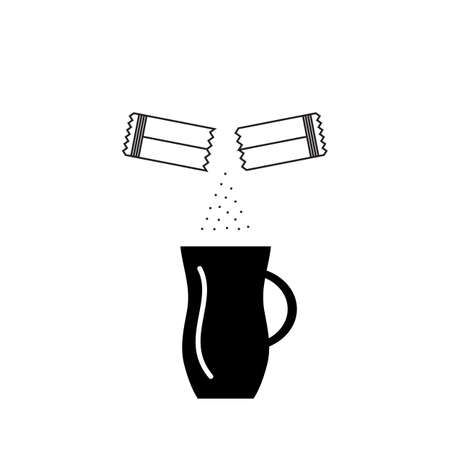 Opened Sachet Icon or Container Sign with Sugar or Creamer over a Coffee Cup isolated on White Background. Disposable Packaging Stick Vector Illustrationのイラスト素材