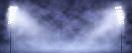 Spotlight Towers on Night Stadium in Smoke. Bright Spotlights Flash Flare in Blue Fog Vector...
