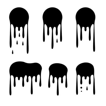 Round black current paint drips or circle stains collection isolated. Liquid dripping circles or melted ice cream drip silhouettes vector illustrationの写真素材