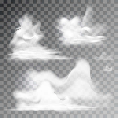 Realistic clouds collection on transparent background. 3d vector white smoke, fog or cloudy skyのイラスト素材