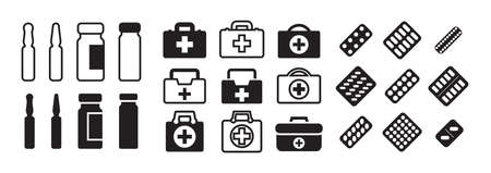 Set of medicine icons with pills, ampoules and medical bags. Medical kit, rescue bag or paramedic kit with medications iconのイラスト素材