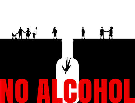 Conceptual vector illustration of alcoholism. A man falling into a bottle trap, bad habit conceptのイラスト素材