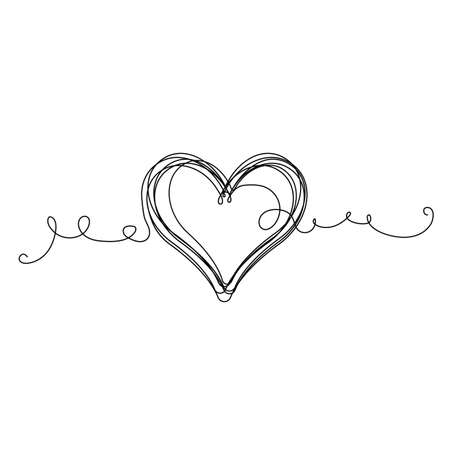 Continuous thin line heart vector illustration, minimalist love sketch doodle. One line art valentine icon, single wedding outline drawing or simple heartのイラスト素材