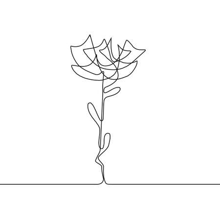 Continuous thin line flower vector illustration, minimalist botanical sketch doodle. One line art flowering blossom icon, single floral outline drawing or simple roseのイラスト素材