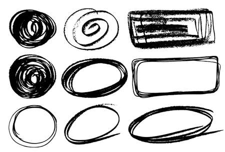 Hand drawn ink line circles or scribble circles vector collection. Circular doodle sketch scribbles or round frames isolated on white with place for text, pencil handwritten art imitationのイラスト素材