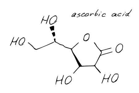 Ascorbic acid molecule formula. Hand drawn imitation of ascorbate structural model, vitamin C...