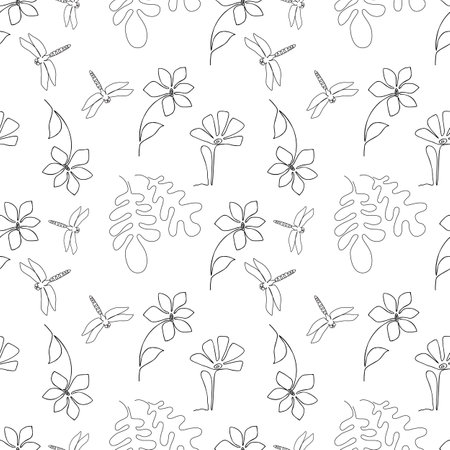 One line drawing dragonfly and flower seamless pattern. Sketch art style texture endless background, single outline flowers vector tile for fabric, wrapping endless designのイラスト素材