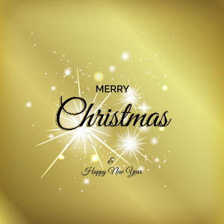 Merry Christmas and New Year gold card with vector text. Xmas background with lights and stars for greeting banner, letter, posterのイラスト素材