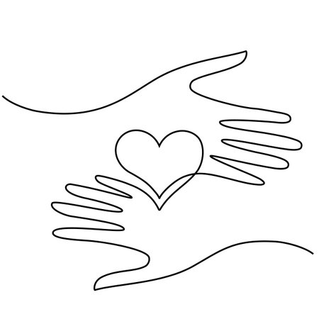 Continuous thin line heart in hands vector illustration, minimalist love sketch doodle. One line art valentine icon with palms, single wedding outline drawing or simple heartのイラスト素材
