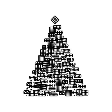 Christmas Tree Shape Made of Medical Pills Icons. Pharmacy Signs and Xmas Spruce Silhouette, New Year Medicine Drugs Conceptのイラスト素材