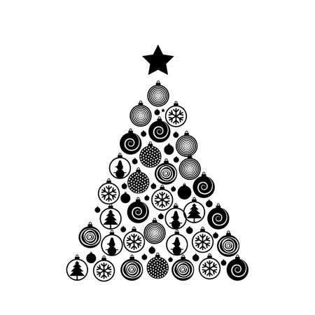 Christmas Tree Shape Made of Christmas Ball Icons. Xmas Bauble Signs and Spruce Silhouette, New Year Conceptのイラスト素材