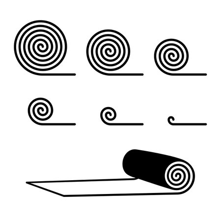 Rolled carpet line icons collection. Carpeting vector signs, mat spiral roll symbols, floor covering silhouettes, doormat graphic elements. Minimal rug buttons or pictograms setのイラスト素材