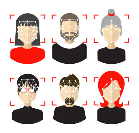 Face detection, digital recognition vector illustration. Facial points, biometric identification signs, identify symbols with people avatars. Identification technologies and digital detect conceptのイラスト素材