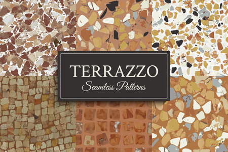 Terrazzo vector seamless pattern in brown, red and terracotta colors. Colored stone flooring illustration, marble floor texture backgrounds setのイラスト素材