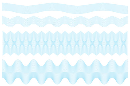 Blue guilloche lines, spirograph background, decorative footer vector illustration. Diploma borders, security certificate pattern or protective money ornamentのイラスト素材