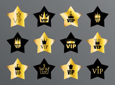 Vip icons with crowns and stars, premium logo set. Membership symbols, vip pictograms for club members, exclusive club badges, privilege card graphic elementsのイラスト素材