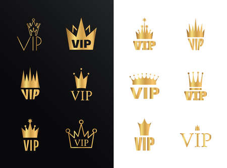 Vip icons with crowns, premium logo set. Membership symbols, vip pictograms for club members, exclusive badges design, privilege card graphic elementsのイラスト素材