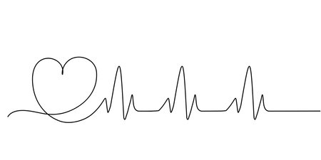 Continuous thin line heartbeat illustration, minimalist heart beat vector sketch doodle. One line art pulse icon, single ecg outline drawing or simple heart logoのイラスト素材