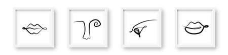 One Line Drawing Eyes, Lips, Nose. Beauty Ink Sight in Sketch Art Style, Continuous Line Draw Symbols, Outline Vector Illustration for Interior Design, Picture Printingのイラスト素材
