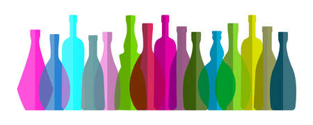 ? olored Glass Bottles Set. Transparent Wine Bottles Flat Icons, Multicolored Alcohol Containers Collection, Bottle Symbols Vector Illustrationのイラスト素材