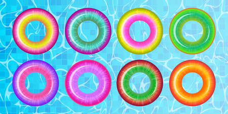 Swimming rings set. Float rings collection, pool rubber circles, rubber water inflatable rounds 3d vector illustrationのイラスト素材