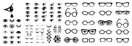 Set of different eyes and eye glasses icons. Human look with tears, sunglasses, optical symbol, logo, rim vector illustrationのイラスト素材