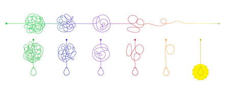 Simplifying the complex, confusion clarity or path vector idea concept with lightbulbs. Simplification streamlining process, straight and curve vector illustrationのイラスト素材