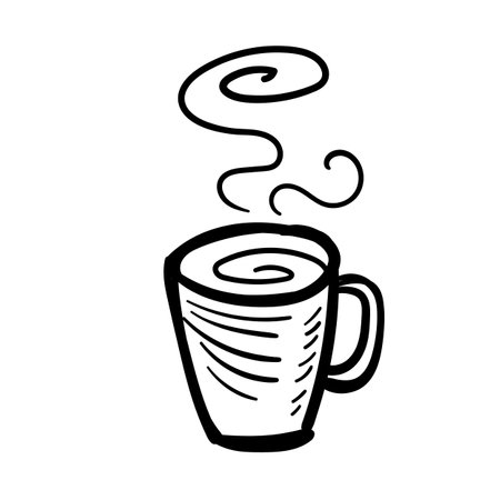 Hand drawn coffee cup with smoke set. Minimalist sketch doodle for cafe. Sketched teacup art icon, handdrawn tea bowl, simple hot drink mug drawing logoのイラスト素材