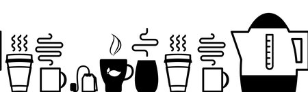 Coffee Cup Seamless Line on White Background. Hot Drink with Steam Endless Pattern, Coffee Cup Border, Hot Drink Mug Line Vector Illustrationのイラスト素材