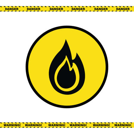 Warning fire icon. Danger highly flammable sign, flame symbol, burn silhouette, bonfire graphic element, heat button, fire pictogramのイラスト素材