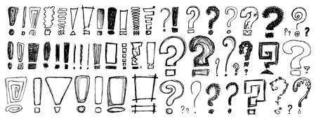 Sketched question and exclamation marks. Important information symbols, emphasis signs, quiz icons, warning vector illustration. Hand drawn imitationのイラスト素材