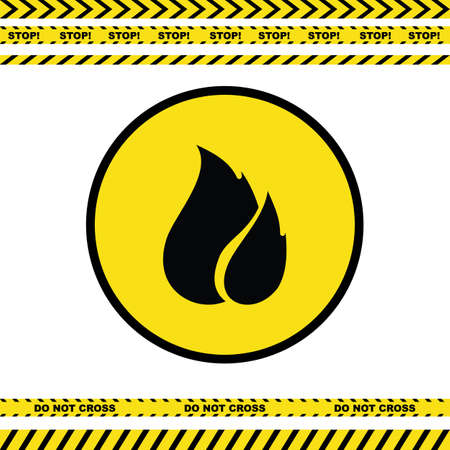 Warning fire icon. Danger highly flammable sign, flame symbol, burn silhouette, bonfire graphic element, heat button, fire pictogramのイラスト素材