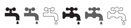Water tap icon set. Faucet symbol, plumbing sign, drip silhouette, turn off tap concept, old dripping faucet button, vector illustrationのイラスト素材