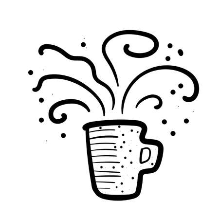 Hand drawn coffee cup with smoke set. Minimalist sketch doodle for cafe. Sketched teacup art icon, handdrawn tea bowl, simple hot drink mug drawing logoのイラスト素材