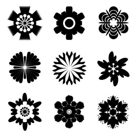 Flower icon set. Flowers symbols with daisy sign, floral silhouettes, graphic elements, chamomile buttons, carnation pictogram, florist vector illustrationのイラスト素材