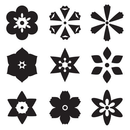 Flower icon set. Flowers symbols with daisy sign, floral silhouettes, graphic elements, chamomile buttons, carnation pictogram, florist vector illustrationのイラスト素材